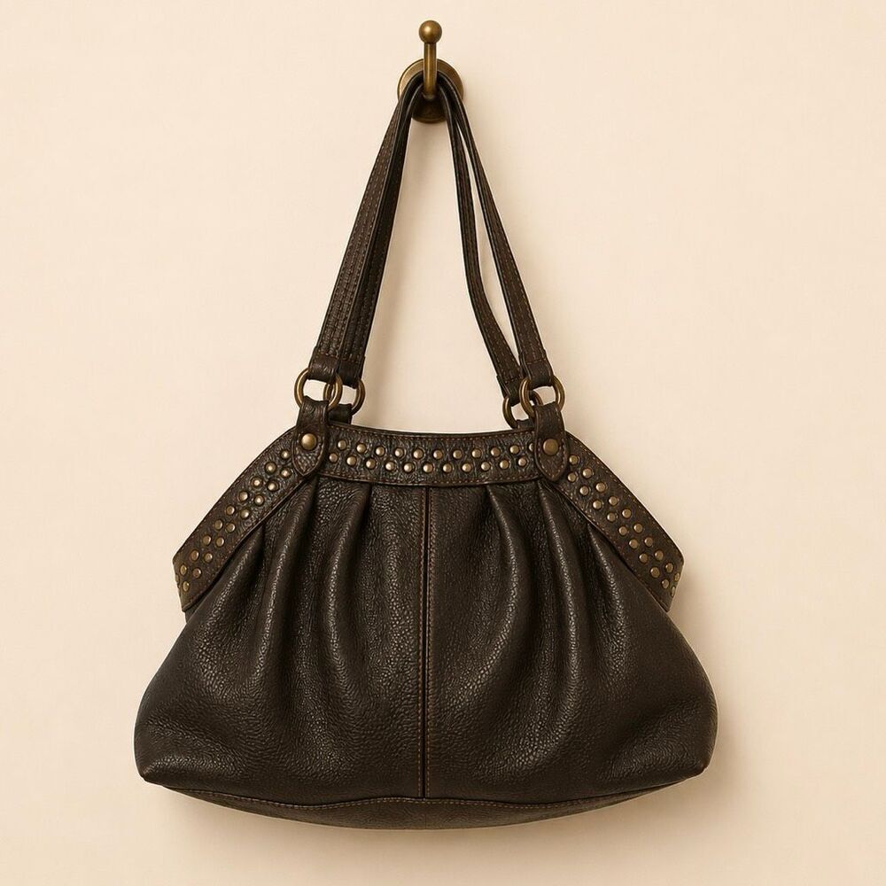 Hogan Brown Pebbled Leather Studded Hobo – Italian Luxury Shoulder Bag